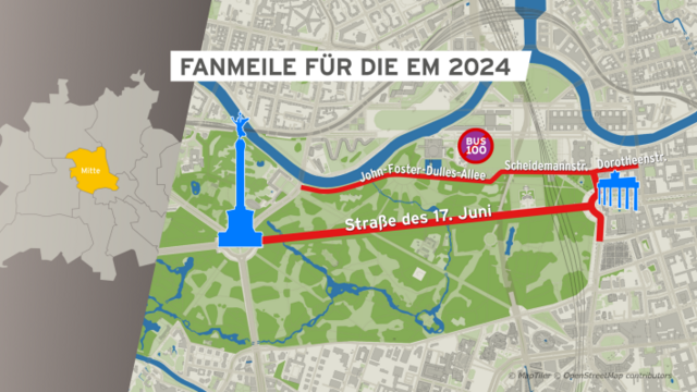 Kartenausschnitt von Berli-Mitte mit den Sperrungen 17. Juni, Ebertstraße usw.