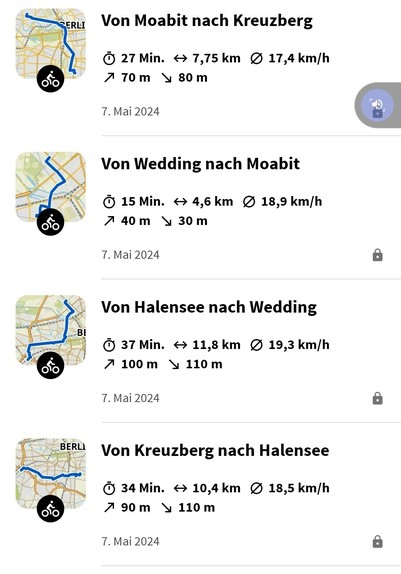 Screenshot von der Komoot-App: meine heutigen Touren, zum Nachrechnen.