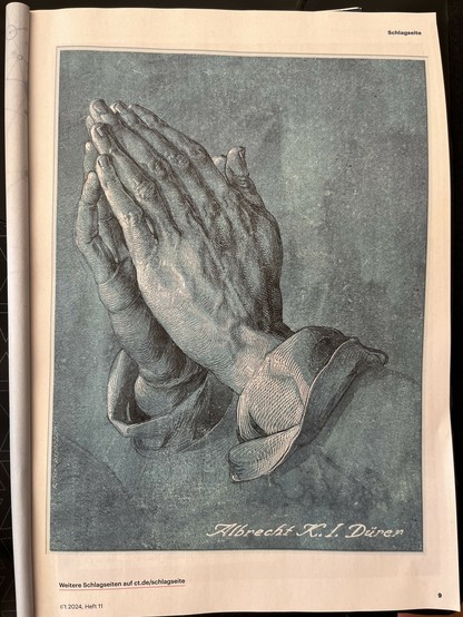 Dürer's Praying Hands, but with six fingers, as a GenAI might render it.