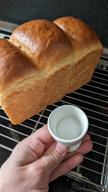 Ein Laib Toastbrot auf einem Abkühlgitter. Der Toast ist goldbraun gebacken und aus drei Teilen aufgegangen, was man an den drei Erhebungen oben sieht. Eine Hand hält einen weißen Eierbecher aus Porzellan daneben, in dem Salz zu sehen ist.