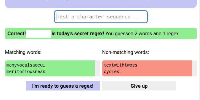 Screenshot from the game regexle where I solve the game with just 2 words and 1 regex guess.