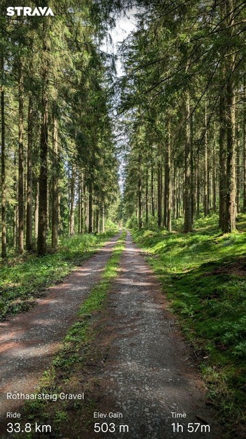 An image of a gravel path through the woods, some stats on the bottom: length 33,8 km / Elevation 593m / Time 1h 57m