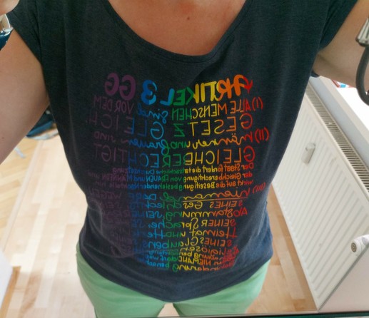 Sichtbar sind von schräg oben fotografiert mein Oberkörper mit einem grauen T-Shirt, auf dem in Regenbogenfarben Artikel 3 des Grundgesetzes drauf steht. Darunter sind grüne Shorts sichtbar, unten Teile des Flurs und oben Teile meiner Arme, die das Telefon zum fotografieren halten