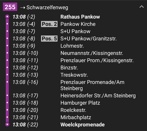 The schedule of a Berlin bus which starts in Pankow at 1:08pm, manages to arrive and depart at more than a dozen intermediate stops at 1:08, and arrives at the passenger's destination at the same time.